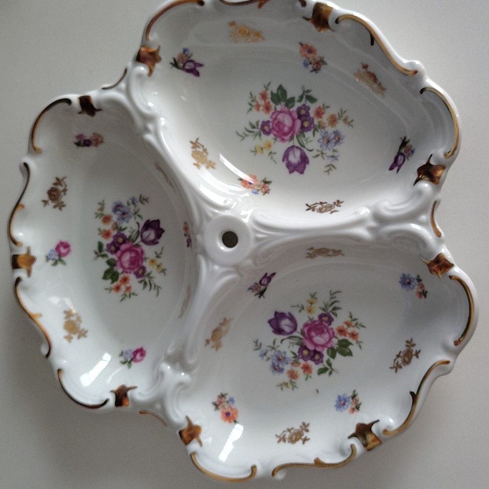 VTG REICHENBACH Porcelain 3-Section Serving Dish - Floral Gold Germany